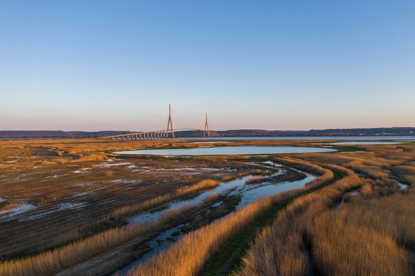 prise de vue aerienne - drone - reserve naturelle de l?estuaire de seine - pont de normandie - espace preserve Mare - Seine - coucher de soleil drone green - mare de gabion de chasse - roseliere